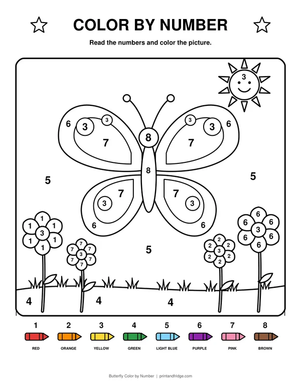 Butterfly Color by Number printable coloring page