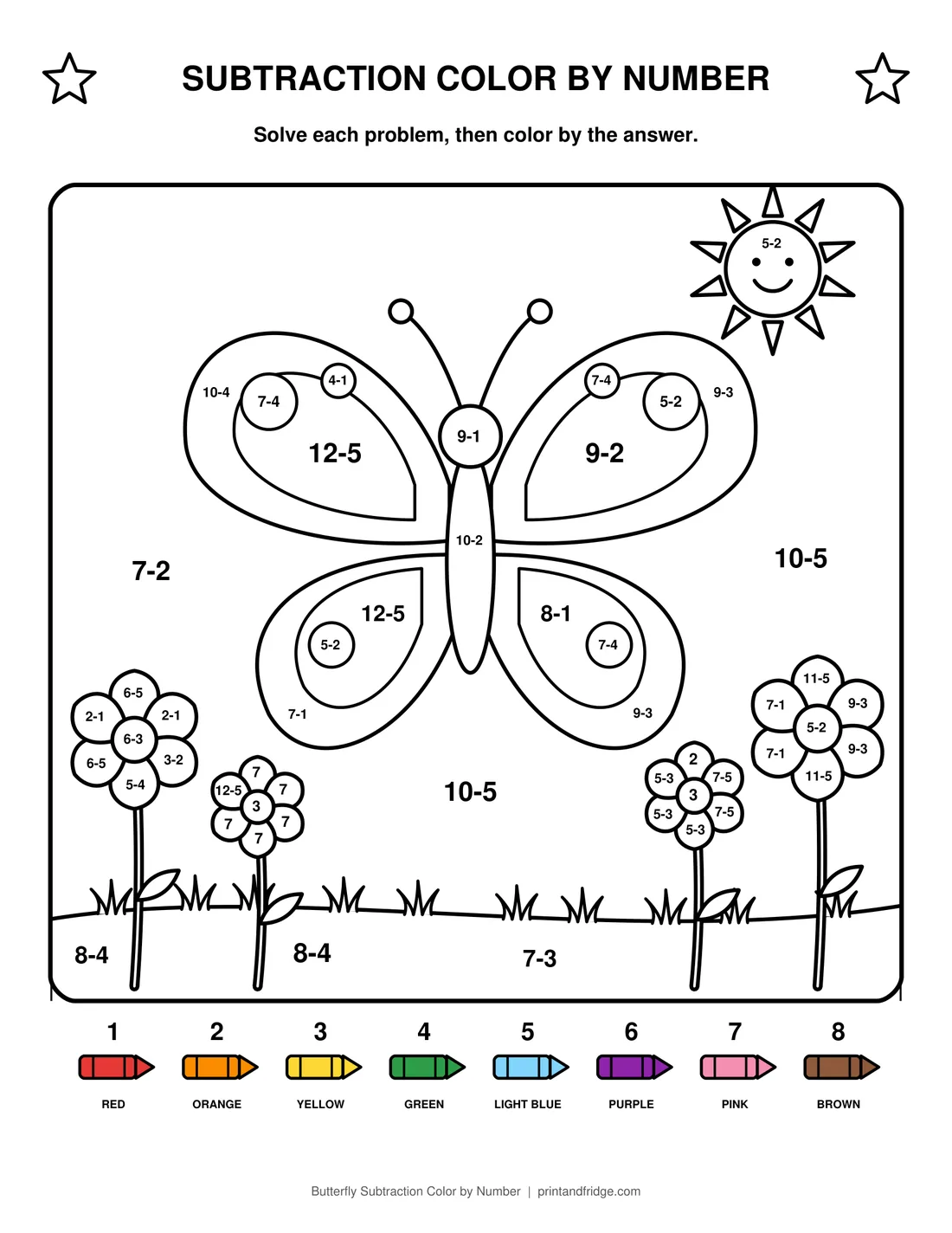 Butterfly Subtraction Color by Number printable coloring page