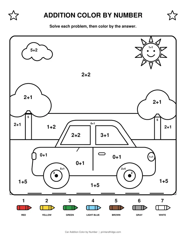 Car Addition Color by Number printable coloring page