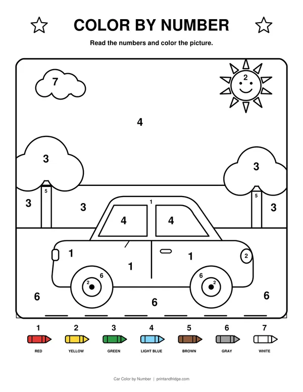 Car Color by Number printable coloring page
