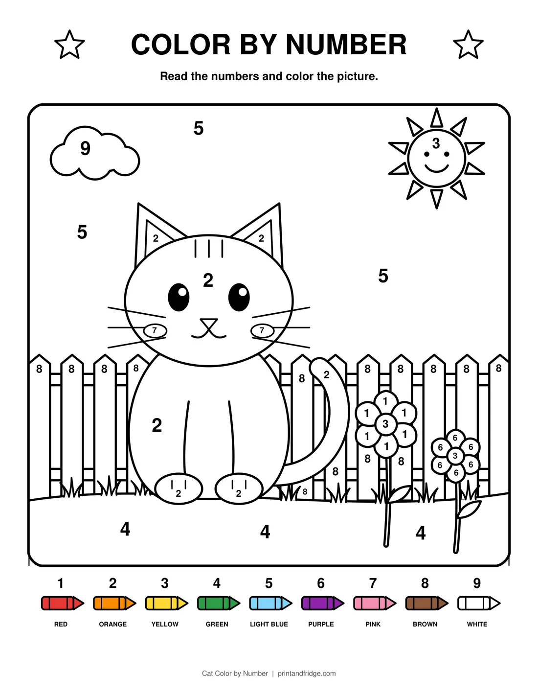 Cat Color by Number printable coloring page