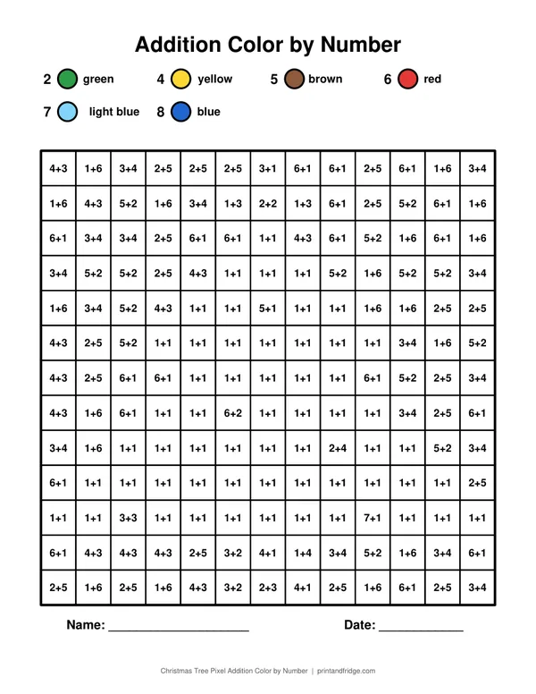 Christmas Tree Pixel Addition Color by Number printable coloring page