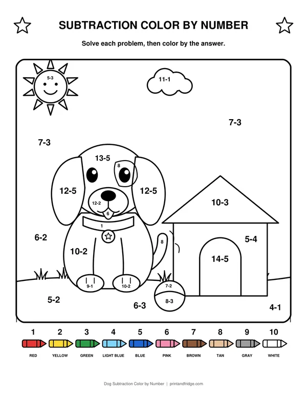 Dog Subtraction Color by Number printable coloring page