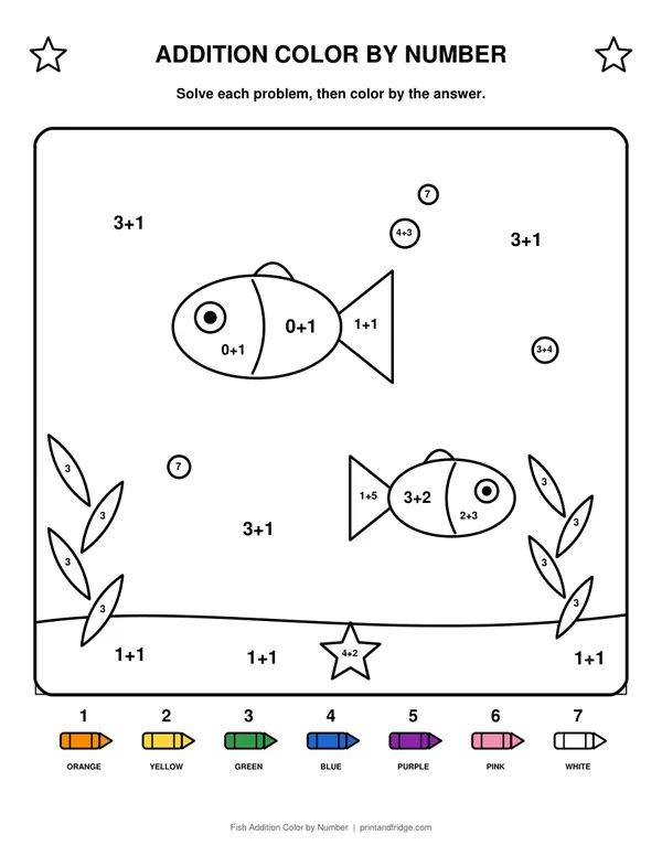 Fish Addition Color by Number printable coloring page
