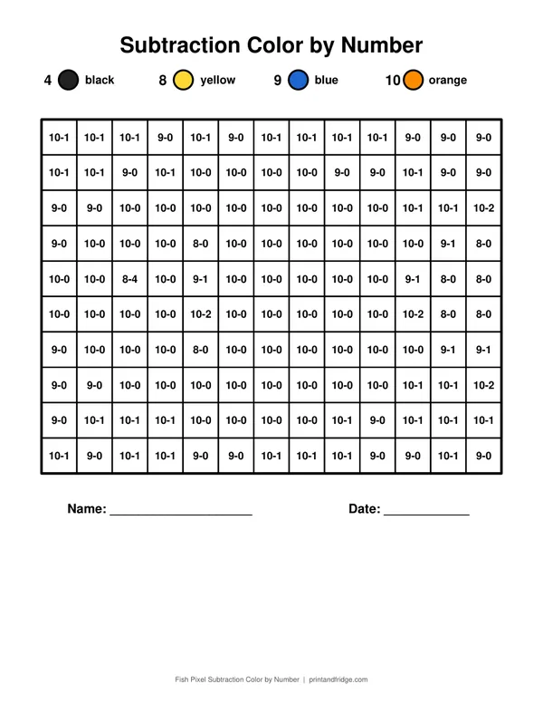 Fish Pixel Subtraction Color by Number printable coloring page