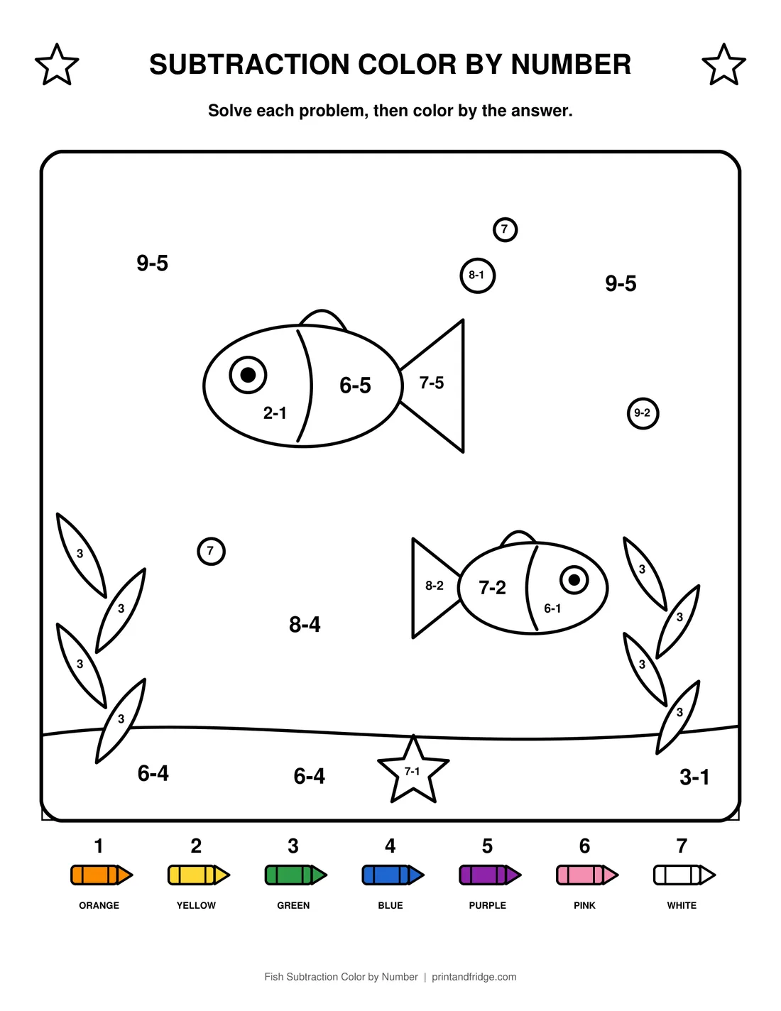 Fish Subtraction Color by Number printable coloring page