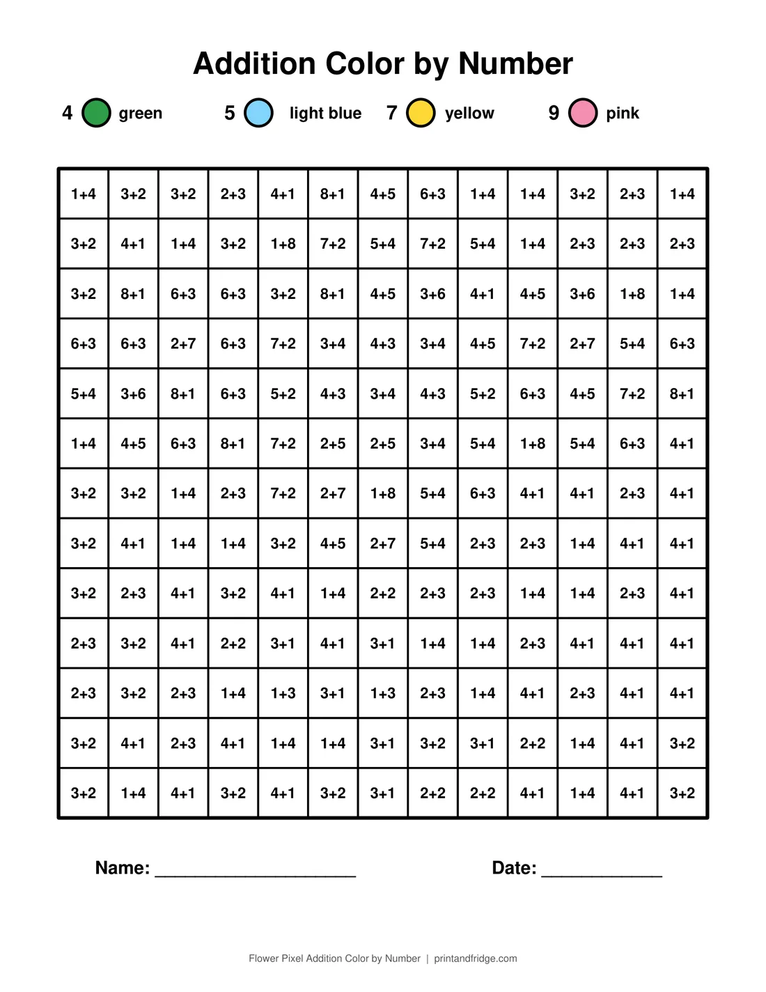 Flower Pixel Addition Color by Number printable coloring page