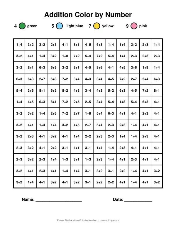 Flower Pixel Addition Color by Number printable coloring page