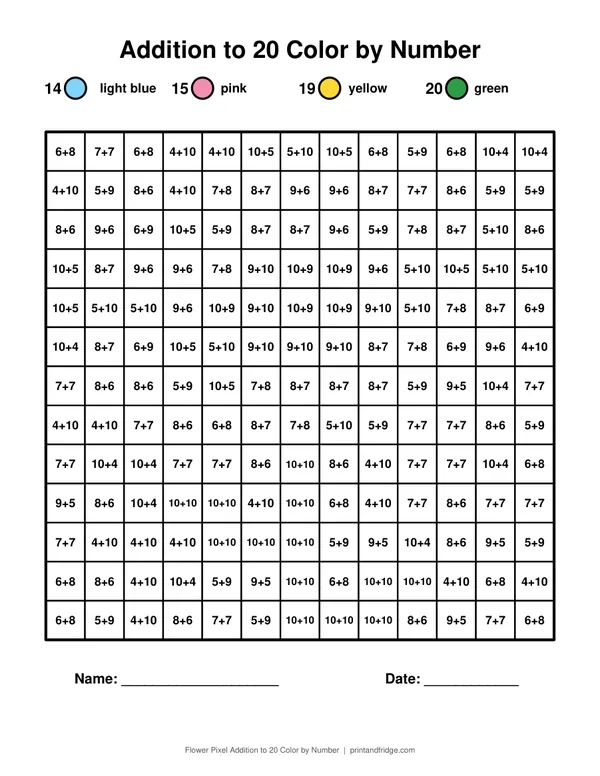 Flower Pixel Addition to 20 Color by Number printable coloring page