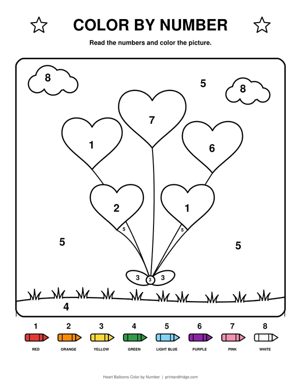 Heart Balloons Color by Number printable coloring page