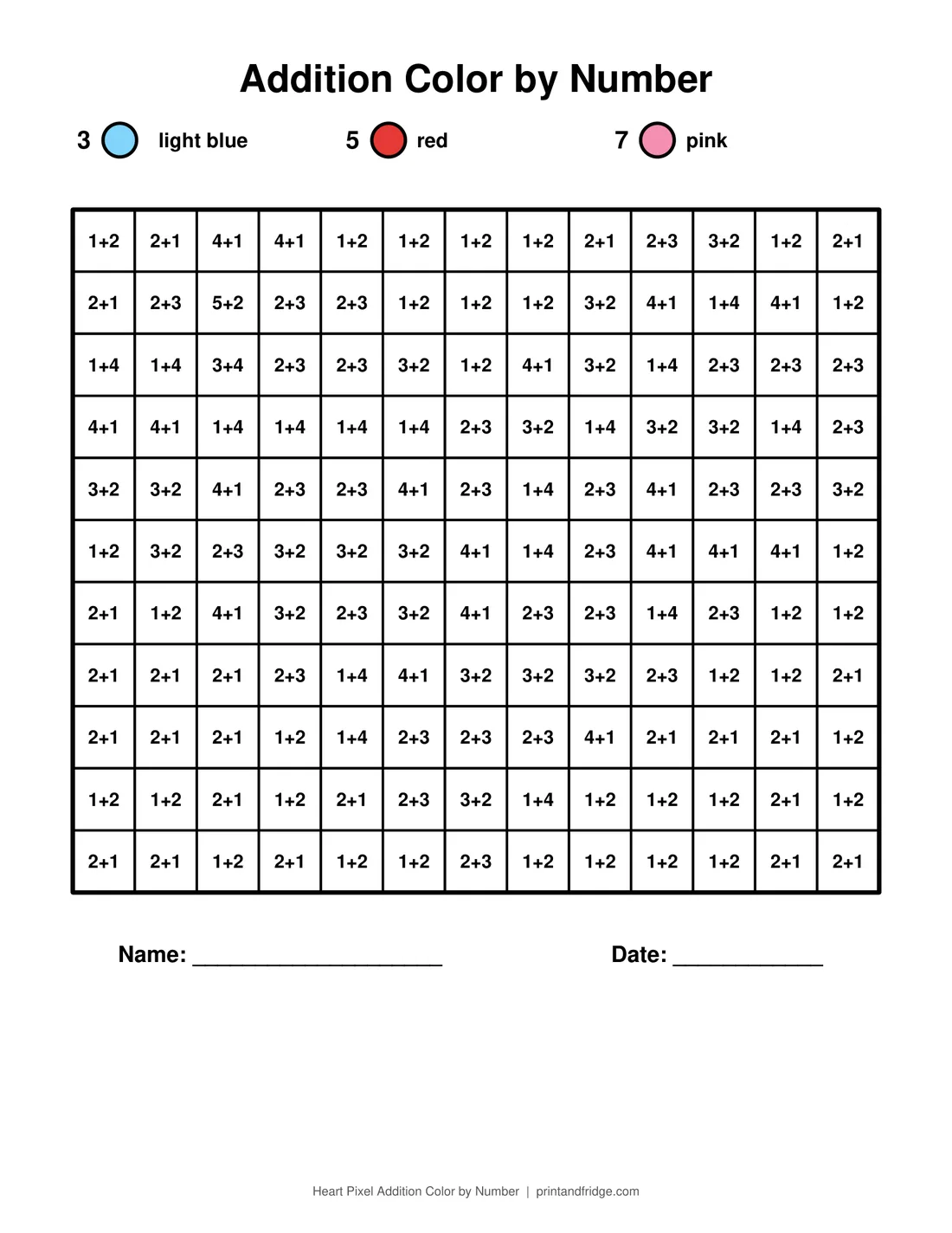 Heart Pixel Addition Color by Number printable coloring page