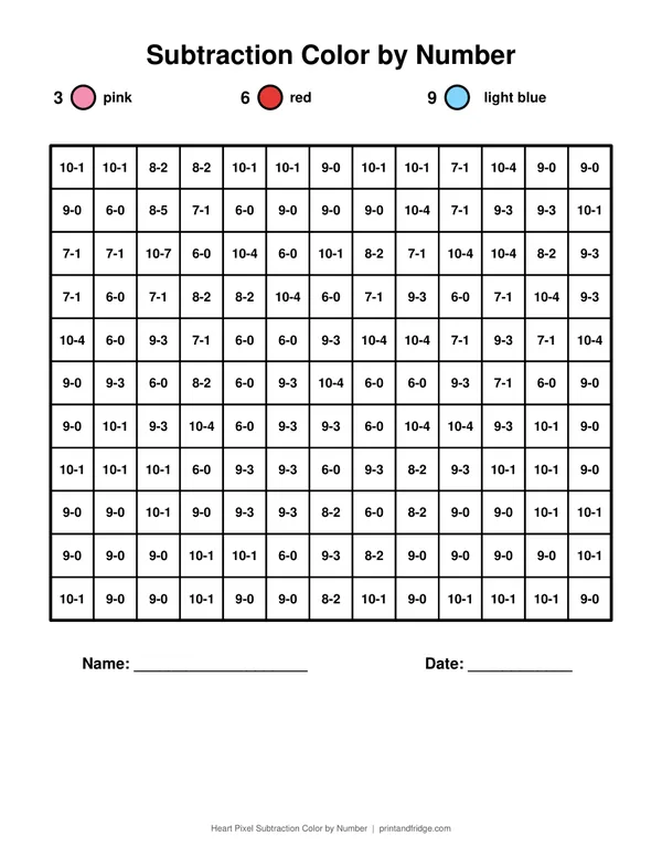 Heart Pixel Subtraction Color by Number printable coloring page