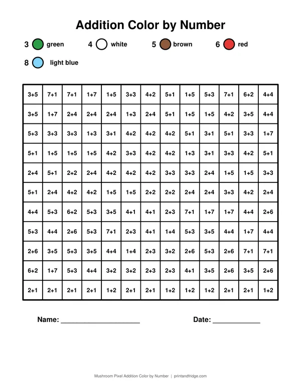 Mushroom Pixel Addition Color by Number printable coloring page