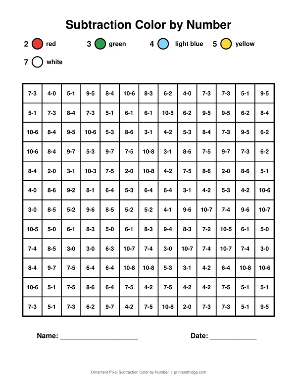 Ornament Pixel Subtraction Color by Number printable coloring page