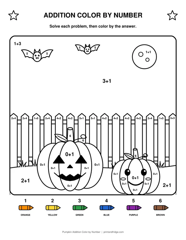 Pumpkin Addition Color by Number printable coloring page