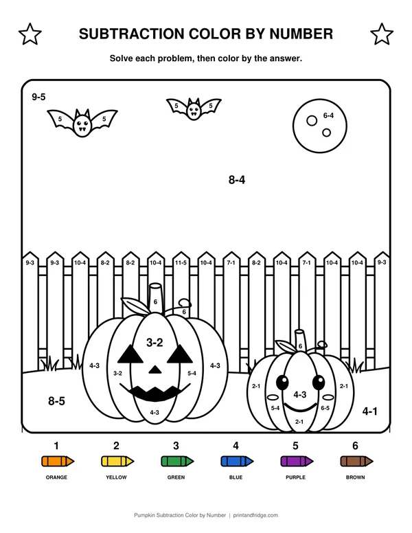 Pumpkin Subtraction Color by Number printable coloring page