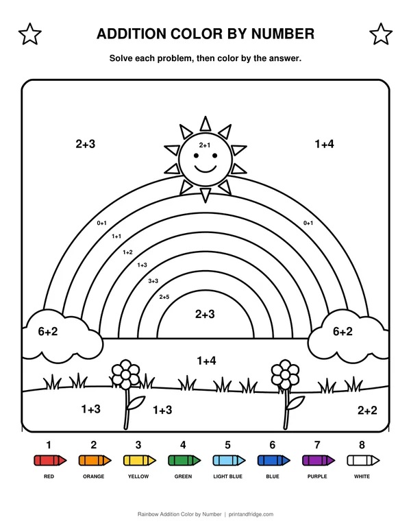 Rainbow Addition Color by Number printable coloring page