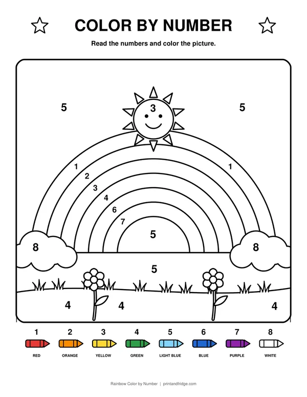 Rainbow Color by Number printable coloring page