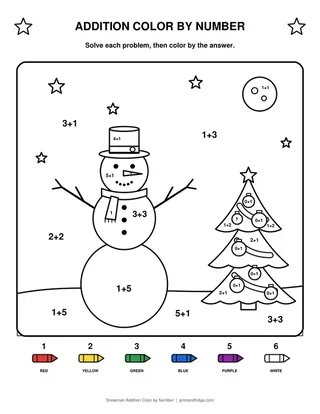 Snowman Addition Color by Number