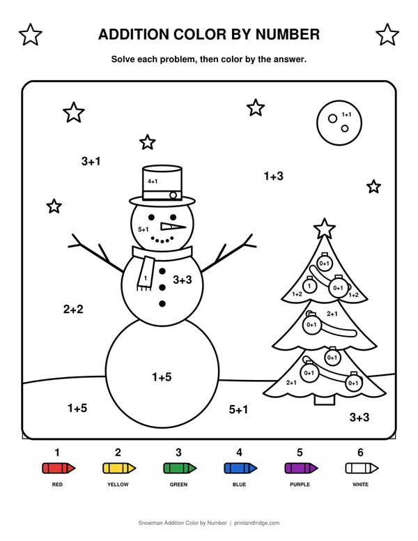 Snowman Addition Color by Number printable coloring page