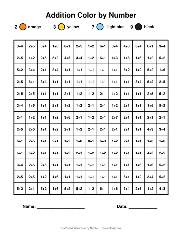 Sun Pixel Addition Color by Number printable coloring page