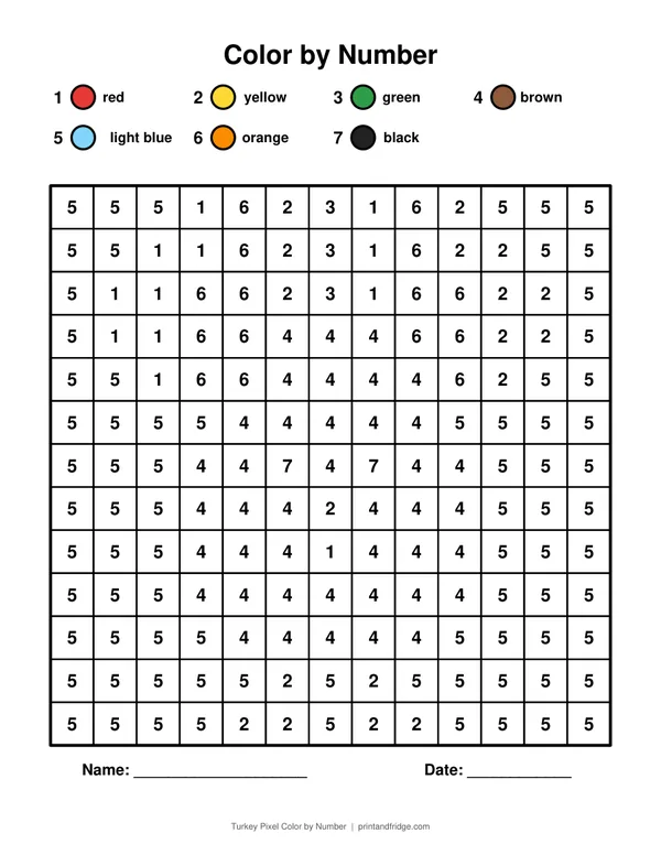 Turkey Pixel Color by Number printable coloring page