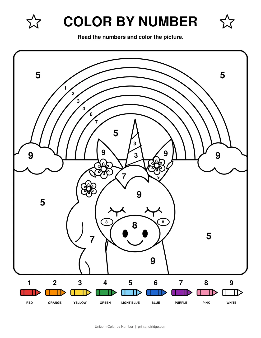 Unicorn Color by Number printable coloring page