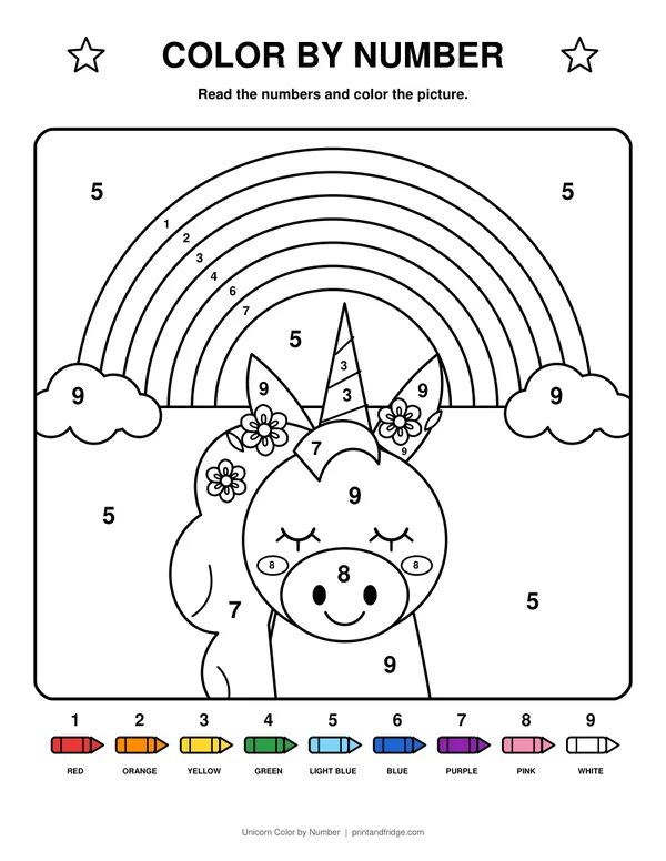 Unicorn Color by Number printable coloring page
