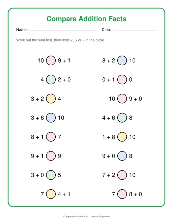 Compare Addition Facts printable worksheet