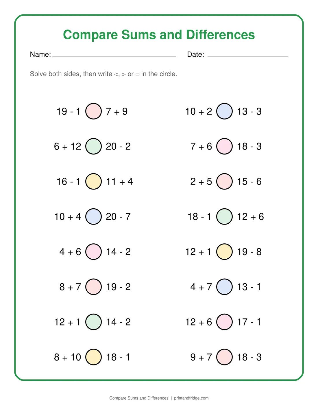 Compare Sums and Differences printable worksheet