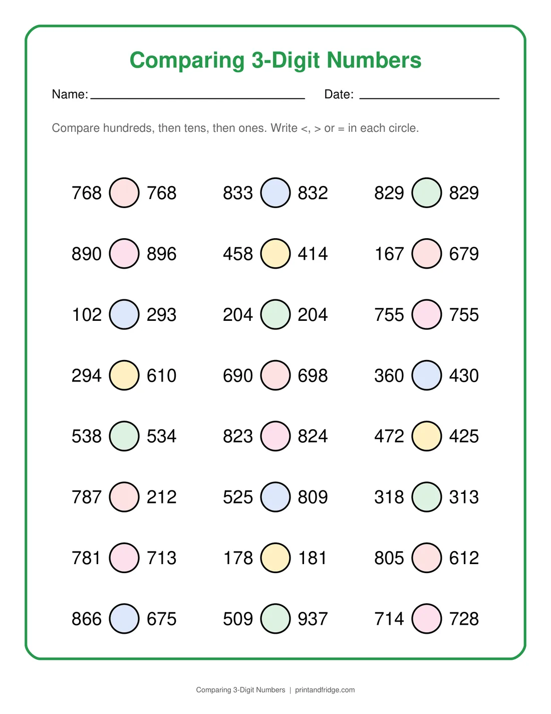Comparing 3-Digit Numbers printable worksheet