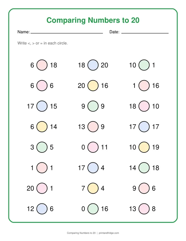 Comparing Numbers to 20 printable worksheet