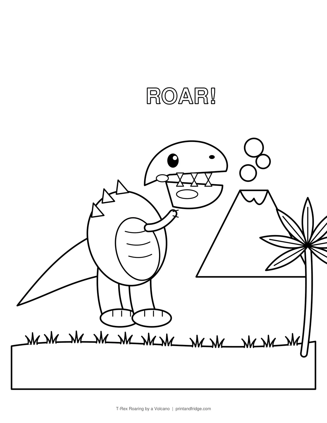 T-Rex Roaring by a Volcano printable coloring page