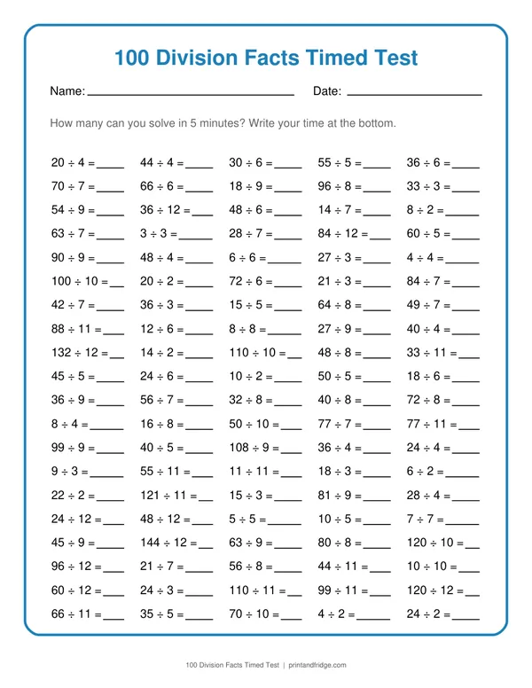 100 Division Facts Timed Test printable worksheet