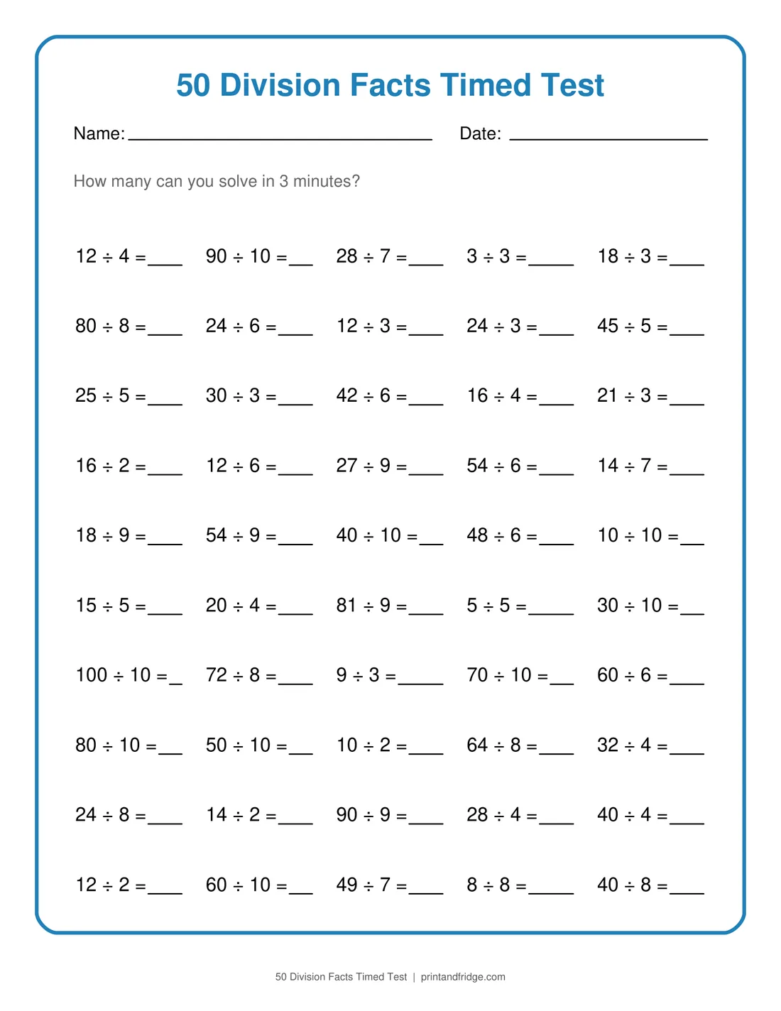 50 Division Facts Timed Test printable worksheet