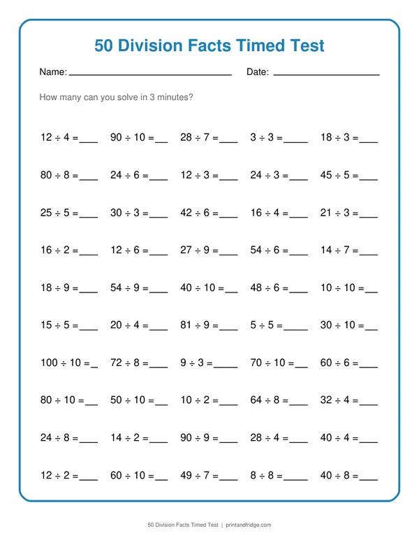50 Division Facts Timed Test printable worksheet