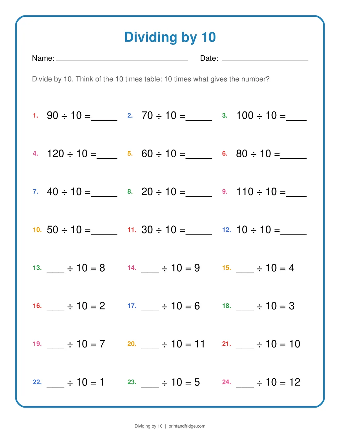 Dividing by 10 printable worksheet