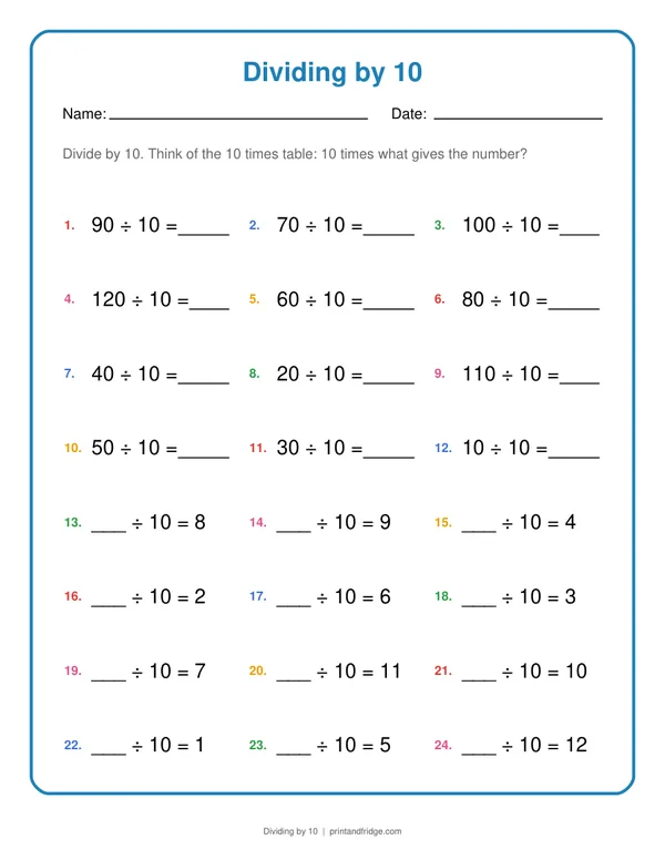 Dividing by 10 printable worksheet