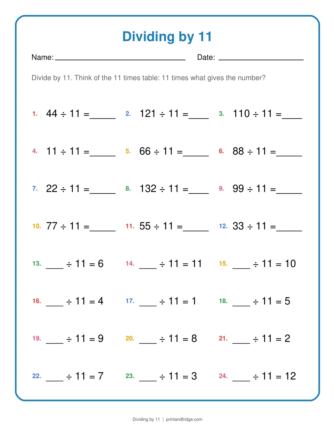 Dividing by 11 printable worksheet
