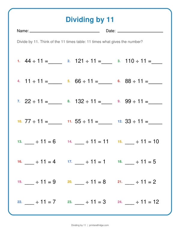 Dividing by 11 printable worksheet