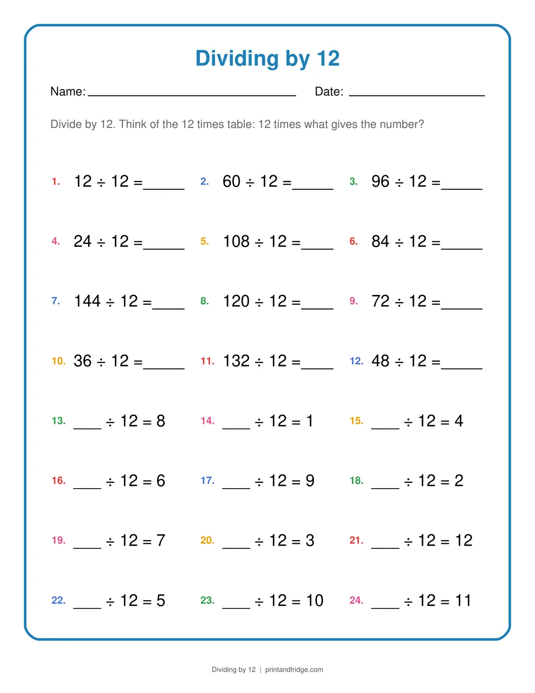 Dividing by 12 printable worksheet