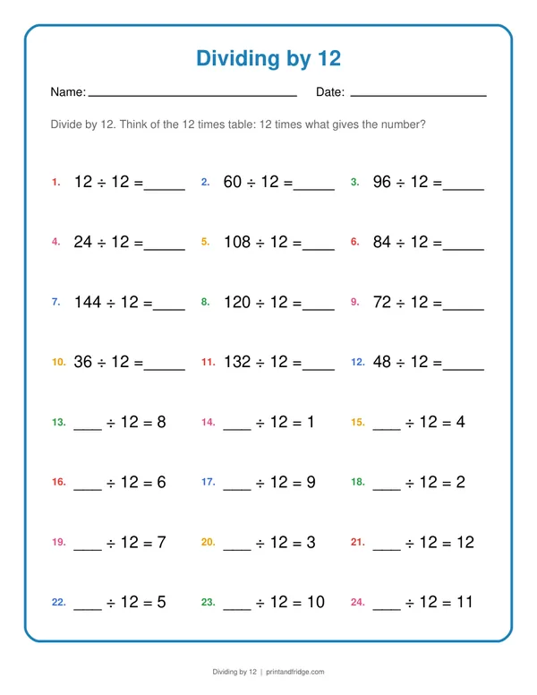 Dividing by 12 printable worksheet