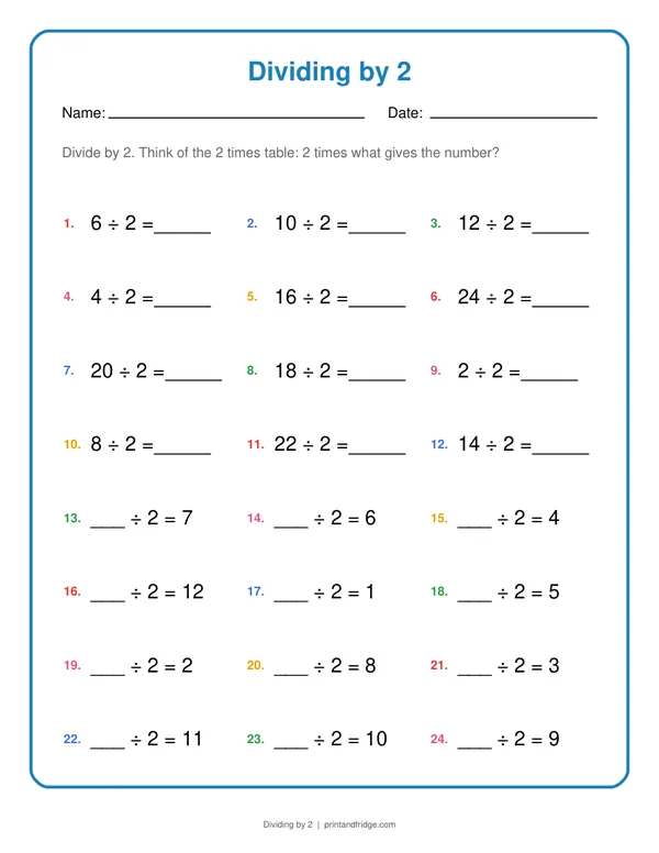 Dividing by 2 printable worksheet