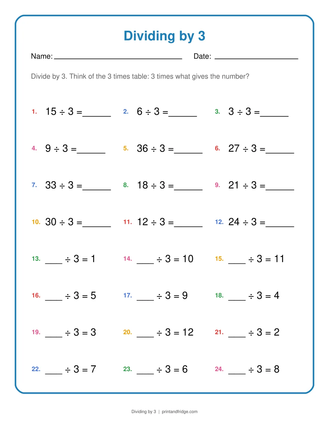 Dividing by 3 printable worksheet