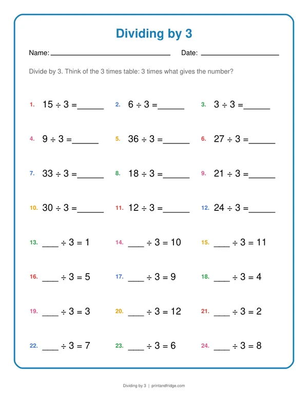 Dividing by 3 printable worksheet