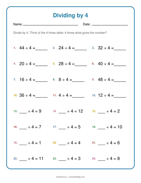 Dividing by 4 printable worksheet
