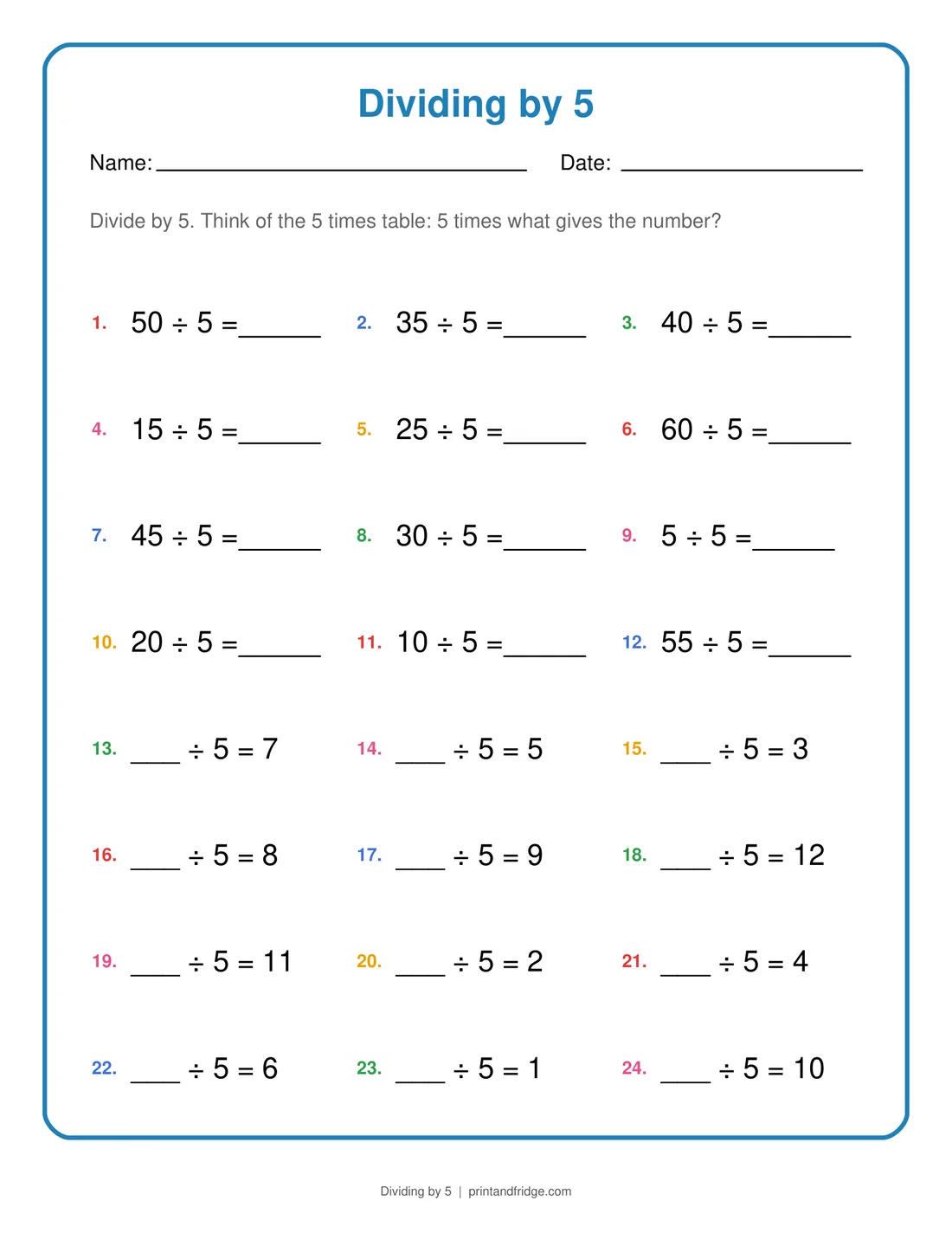 Dividing by 5 printable worksheet