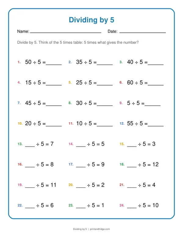 Dividing by 5 printable worksheet