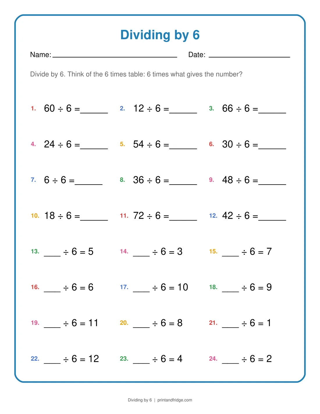 Dividing by 6 printable worksheet