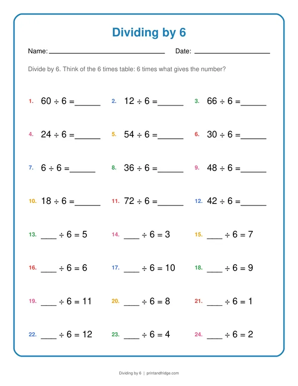 Dividing by 6 printable worksheet